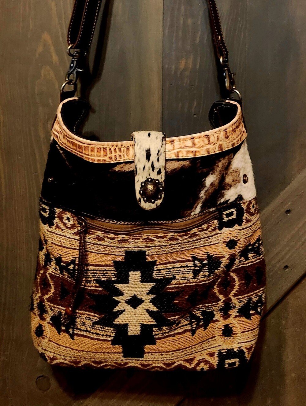 Myra Bag Brown Cream Southwestern-Style Shoulder Bag with Black Accents